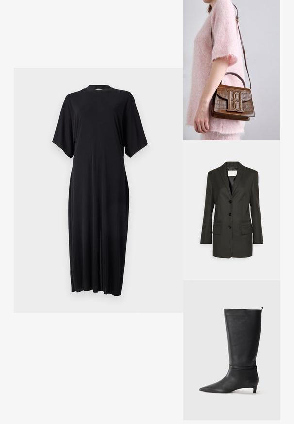 Sacou negru, croit pe măsură, cu o singură linie de nasturi, rever ascuțit, două buzunare frontale și detalii de cusătură subtile pe buzunare. Textură netedă.; Rochie neagră, cu mânecă scurtă, dintr-un material moale, având o siluetă dreaptă și un guler înalt, cu fante laterale pentru confortul mișcării.; Botă din piele neagră, până la genunchi, cu vârf ascuțit, accentuată de o curea circulară în jurul gleznei și un toc jos, îngustat. Textură netedă.; Geantă maronie cu embossing de crocodil, dotată cu un mâner superior și o curea de umăr. Prezintă un logo proeminent pe clapeta din față. Textură moale.