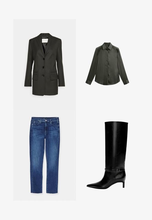 Blazer noir ajusté avec une rangée unique de boutons, des revers nets, deux poches frontales et des détails de couture subtils sur les poches. Texture lisse.; Chemise en satin vert foncé avec un col, manches longues et fermeture à boutons sur le devant ; présente une texture lisse et brillante.; Mother THE MID RISE DAZZLER ANKLE FRAY - Jeans Skinny - blue denim; Botte en cuir noir montante jusqu'au genou avec un bout pointu et un petit talon. Présente une sangle étroite avec une boucle métallique autour de la cheville. Texture lisse.