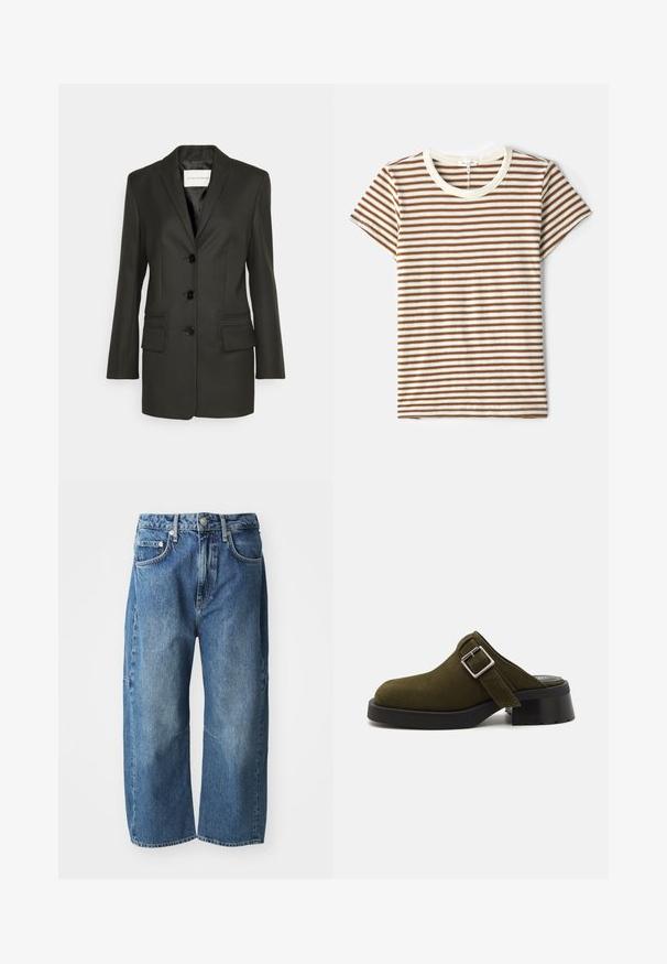 Zwarte op maat gemaakte blazer met een enkele rij knopen, scherpe revers, twee voorzakken en subtiele stiksels op de zakken. Glad textuur.; Gestreepte T-shirt met bruine en witte horizontale strepen, korte mouwen en een crèmekleurige ronde hals in een zachte, gestructureerde stof.; Blauwe denim jeans met een losse, wijde pasvorm, voorzien van voorzakken, een knoop- en ritssluiting, en een subtiele vervaging bij de knieën.; Olijfgroene suède muiltjes met een lage, dikke zwarte hak. Beschikt over een zijband met een zilveren gesp voor aanpassing. Over het algemeen een gladde textuur.