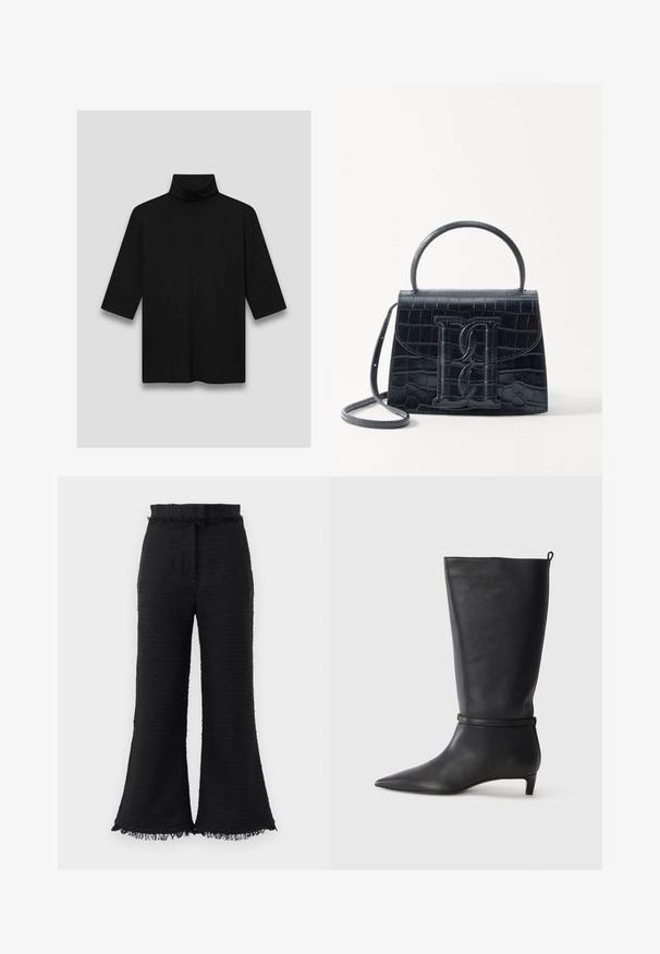 Schwarz maßgeschneiderte Blazer mit einer Reihe von Knöpfen, scharfen Revers, zwei vorderen Taschen und subtilen Stickdetails an den Taschen. Weiche Textur.; Schwarzes Rollkragenoberteil mit drei Viertelärmeln, aus einem glatten Stoff gefertigt. Schlichtes Design ohne sichtbare Muster oder Akzente.; Schwarze weite Hosen aus strukturiertem Stoff, mit ausgefranstem Saum und elastischem Bund. Das Design zeichnet sich durch eine glatte Oberfläche und einen lässigen Schnitt aus.; Schwarze Lederkniehohe Stiefel mit spitzem Zehen, akzentuiert durch einen runden Riemen um das Knöchel und einen niedrigen, tapernden Absatz. Glatte Textur.; Schwarze Handtasche aus Krokodilprägung mit strukturiertem Design, Oberhandgriff, verstellbarem Tragegurt und einem auffälligen Logo-Detail auf der Vorderseite.