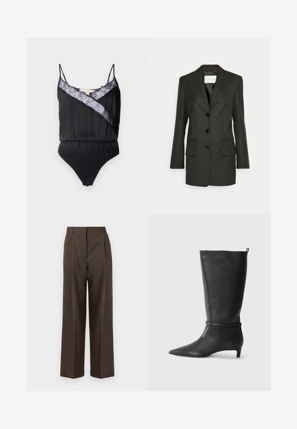 Fekete, szabott blézer egyetlen gombsorral, éles hajtókákkal, két elülső zsebbel és finom varrási részletekkel a zsebeken. Simább textúra.; Fekete body vékony pántokkal, csipkés átkontrálással és a nyakvonal mentén szétfoszlott szélekkel, valamint kontrasztos, átlós panelekkel. Simább anyag textúra.; Barna, bő szárú nadrág sima textúrával, magas derékkal, elülső pleat-ekkel és testre szabott kialakítással. Nincsenek látható zsebek vagy díszítések.; Fekete bőr, térd fölé érő csizma, hegyes orral, kör alakú pánttal a bokán és alacsony, keskeny sarkú. Simára csiszolt textúra.