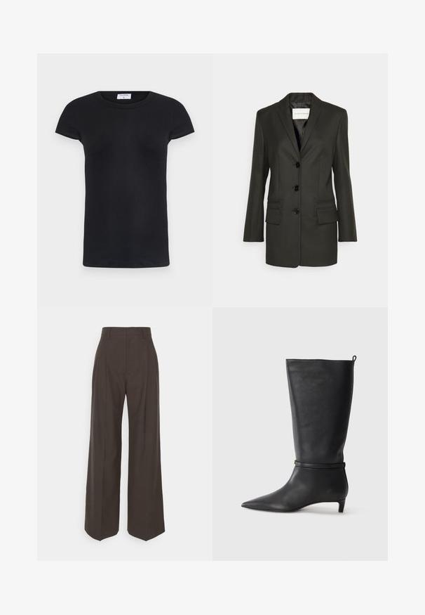 Czarna marynarka o dopasowanym kroju z pojedynczym rzędem guzików, ostrymi klapami, dwoma przednimi kieszeniami oraz subtelnymi detalami w stębnowaniu na kieszeniach. Gładka tekstura.; Czarny prążkowany T-shirt z okrągłym dekoltem i krótkimi rękawami. Miękki materiał o dopasowanym kształcie, z metką na dekolcie.; Ciemnobrązowe spodnie z szerokimi nogawkami i wysokim stanem, wyróżniające się starannie wyprasowanymi zagnieceniami, gładką fakturą i dopasowanym krojem.; Czarne skórzane kozaki do kolan z ostro zakończonym noskiem, ozdobione okrągłym paskiem wokół kostki oraz niskim, zwężanym obcasem. Gładka tekstura.