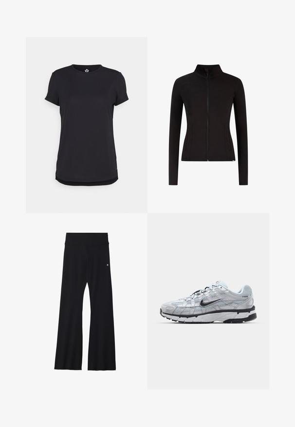 Chaqueta negra con cremallera, confeccionada en material elástico. Cuenta con un cuello alto, dos bolsillos laterales y mangas largas ajustadas. Textura suave.; Even&Odd active ADAPTIVE SPORTS T-SHIRT WITH OPENING - Camiseta deportiva - black; Pantalones de yoga negros acampanados en tejido elástico, con una cinturilla ancha y un pequeño logo cerca de la cadera. Textura suave, sin patrones.; Zapatillas Nike P-6000 con parte superior de malla gris claro, acentos negros y suela de goma negra duradera. Presentan un diseño intrincado y un sistema de cordones.