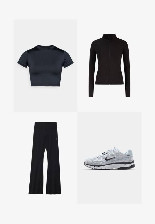Sort lynlåsjakke lavet af elastisk materiale. Har høj krave, to sidelommer og tætsiddende lange ærmer. Glat tekstur.; Kortærmet cropped top i mørk navy, lavet af glat, stretchstof. Har rund halsudskæring og minimale syningsdetaljer. Ingen synlige logoer.; Sorte flared yoga bukser i strækbart stof, med en bred talje og et lille logo nær hoften. Glat tekstur, uden mønstre.; Nike P-6000 sneakers med en lys grå mesh overdel, sorte accenter og en holdbar sort gummisål. Har et detaljeret design og snøresystem.