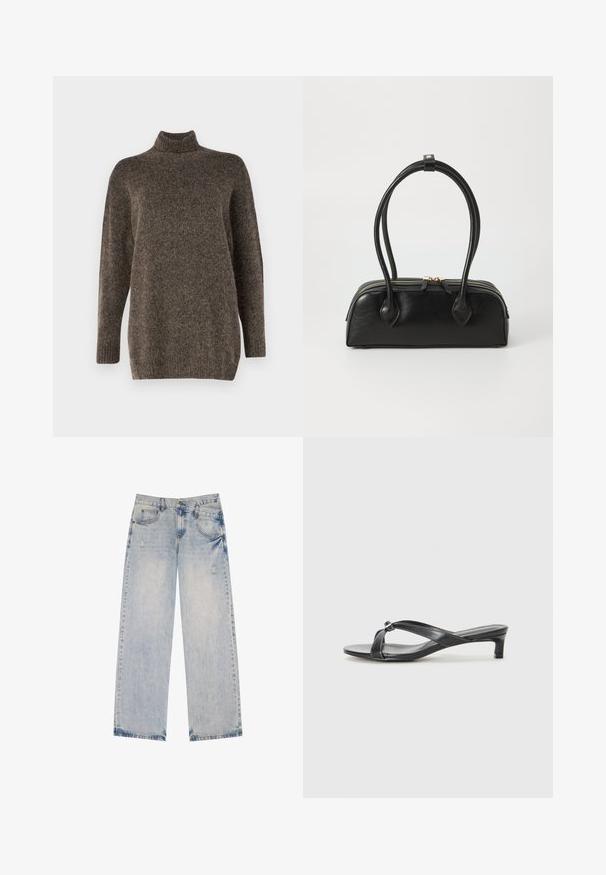Giacca di pelle rossa con una cerniera frontale asimmetrica, colletto ampio e due tasche laterali, esposta su uno sfondo bianco.; Maglione a collo alto in maglia marrone con maniche lunghe, vestibilità rilassata e polsini a coste, caratterizzato da una texture morbida e una leggera variazione di colore.; Jeans in denim azzurro chiaro con design a gamba dritta, caratterizzati da dettagli strappati, cinque tasche e cuciture in evidenza.; Sandali neri con tacco a rocchetto e design a fasce incrociate realizzati in materiale sintetico liscio. Dispongono di un tacco basso e un accento decorativo all'incrocio delle fascette.; Borsa a mano in pelle nera con due manici allungati, chiusura con zip e forma rotonda; texture liscia con finitura leggermente lucida.