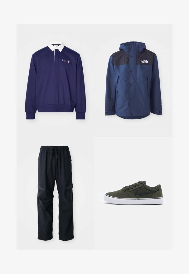 Mornarsko modra vodoodporna jakna z črnim zgornjim delom, s pritisnimi gumbi, nastavljivo kapuco in stranskimi žepi. Ima logo The North Face.; Carhartt WIP FLAGS RUGBY - Športni pulover - space; Črne casual hlače z elastičnim pasom, vrvico in žepi z zadrgo na belem ozadju.; Zeleni antilop športni copat z črnimi detajli in belim gumijastim podplatom; vključuje vezalke, oblazinjen ovratnik in stranski logotip. Gladka tekstura, nizka zasnova.