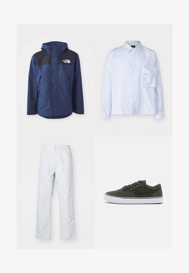 Marineblaue wasserdichte Jacke mit schwarzem oberen Panel, Druckknöpfen, verstellbarer Kapuze und Seitentaschen. Mit dem Logo von The North Face.; Hellblau-weiße gestreifte Button-up-Bluse aus Baumwolle. Verfügt über eine Brusttasche und einen klassischen Kragen. Lange Ärmel mit geknöpften Manschetten.; Hellgraue, weit geschnittene Hose aus Baumwollmischung. Mit zwei Fronttaschen, sichtbaren Nähten und goldfarbenen Knopfakzenten.; Grüner Wildleder-Sneaker mit schwarzen Akzenten und weißer Gummisohle; ausgestattet mit Schnürsenkeln, gepolstertem Kragen und einem seitlichen Logo. Glatte Textur, niedriges Design.