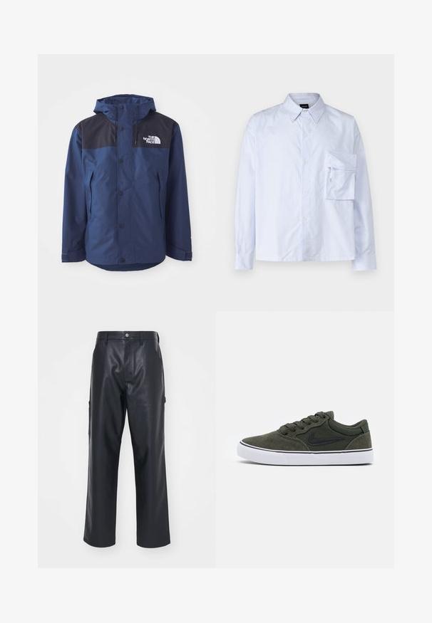 Navy blue waterproof jacket with black upper panel, snap buttons, adjustable hood, and side pockets. Features The North Face logo.; Light blue and white striped button-up shirt made of cotton. Features a chest pocket and a classic collar. Long sleeves with buttoned cuffs.; Black leather trousers with a smooth texture, wide-leg cut, and side pockets. Features a button closure and belt loops.; Green suede sneaker with black accents and white rubber sole; features laces, padded collar, and a side logo. Smooth texture, low-top design.