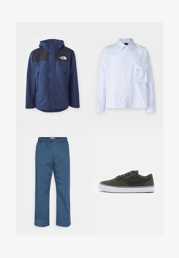 Tengerészkék vízhatlan dzseki fekete felső panellel, patentgombokkal, állítható kapucnival és oldalsó zsebekkel. A North Face logóval rendelkezik.; Világoskék és fehér csíkos gombos ing, pamutból készült. Mellzsebbel és klasszikus gallérral rendelkezik. Hosszú ujjak, gombos mandzsettával.; Sötétkék pamut chino nadrág. Jellemzője az elastikus derékpánt, egyenes lábszárak és sima textúra. Nincsenek látható minták vagy díszítések.; Zöld suede sportcipő fekete részletekkel és fehér gumitalppal; fűzőkkel, párnázott nyakkal és oldalán logóval rendelkezik. Sima textúra, alacsony fazon.