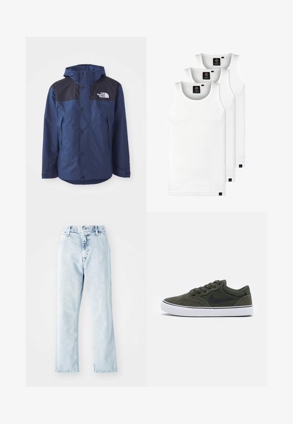 Granatowa wodoodporna kurtka z czarną górną częścią, zatrzaskami, regulowanym kapturem i bocznymi kieszeniami. Posiada logo The North Face.; Trzy białe prążkowane koszulki na ramiączkach wykonane z bawełny. Posiadają okrągły dekolt i małe czarne metki blisko dolnego brzegu. Dostępne w różnych rozmiarach.; Jasnoniebieskie dżinsy z prostymi nogawkami, z wysokim stanem, pięcioma kieszeniami i zapięciem na guzik. Przeszły proces wygładzania.; Zielone zamszowe sneakersy z czarnymi akcentami i białą gumową podeszwą; posiadają sznurówki, wyściółkę przy kołnierzu oraz logo z boku. Gładka tekstura, niskoprofilowy design.