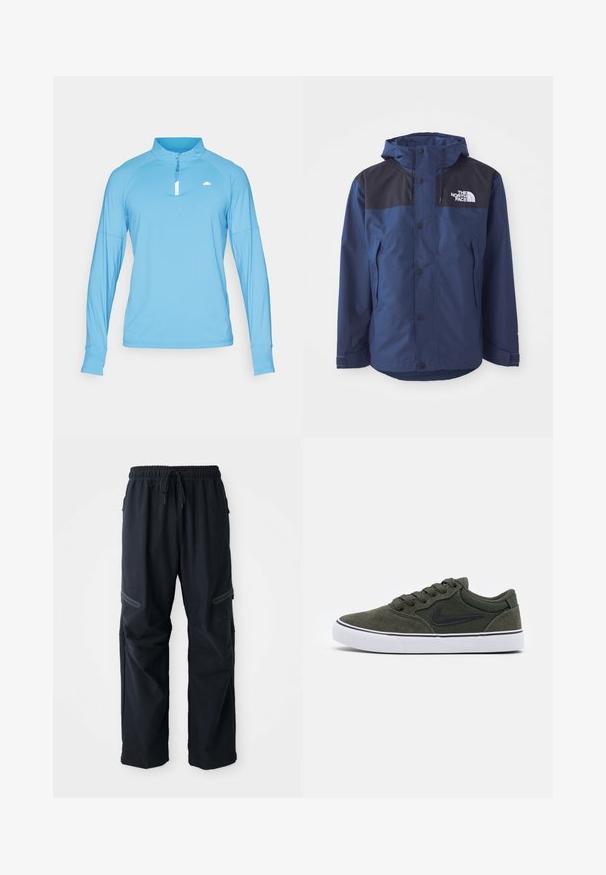 Jūras zilas ūdensnecaurlaidīgas jakas ar melnu augšējo paneli, spiedpogu aizdari, regulējamu kapuci un sānu kabatām. Iezīmēta ar The North Face logo.; Gaiši zils ilgu piedurkņu tops ar pus-zips apkakli, izgatavots no gludas auduma. Iespējas raglānu piedurknes un mazs logo uz krūškurvja.; Melni ikdienas bikses ar elastīgu jostu, auklu un ar rāvējslēdzēju aizveramām kabatām uz balta fona.; Zaļi zamšādas tenisi ar melniem akcentiem un baltu gumijas zoli; ar auklām, mīkstu apkakli un sānu logotipu. Gluda tekstūra, zema augstuma dizains.