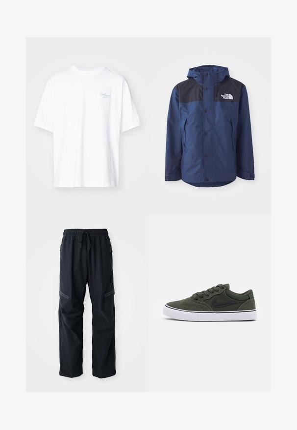 Granatowa wodoodporna kurtka z czarną górną częścią, zatrzaskami, regulowanym kapturem i bocznymi kieszeniami. Posiada logo The North Face.; Carhartt WIP - T-shirt basic; Czarne casualowe spodnie z elastycznym pasem, sznurkiem i kieszeniami na zamek na białym tle.; Zielone zamszowe sneakersy z czarnymi akcentami i białą gumową podeszwą; posiadają sznurówki, wyściółkę przy kołnierzu oraz logo z boku. Gładka tekstura, niskoprofilowy design.