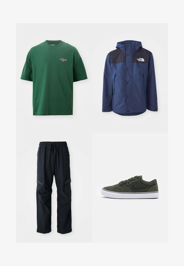 Marineblauwe waterdichte jas met zwart bovenpaneel, drukknoopsluiting, verstelbare capuchon en zijzakken. Bevat het logo van The North Face.; Groen t-shirt met korte mouwen, gemaakt van katoen. Heeft een ronde halslijn en een klein roze "Carhartt WIP" logo op de linkerborst.; Zwarte casual broek met elastische tailleband, trekkoord en ritszakken op een witte achtergrond.; Groene suède sneaker met zwarte accenten en een witte rubberen zool; beschikt over veters, een gevoerde kraag en een logo aan de zijkant. Glad oppervlak, low-top ontwerp.