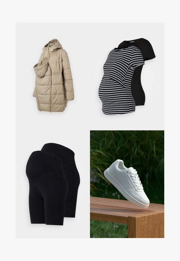 Bēšas pildītas virsjakas ar kapuci, kurai ir priekšējais kabata zīdainim. Dizainā iekļauti vertikālie quiltēti paneļi un vizuļa aizdare.; Divas grūtniecēm paredzētas T-kreklas: viens melns, otrs melnbalts ar svītrām. Abiem ir īsas piedurknes un izliekts apakšmalas dizains, kas nodrošina komfortu grūtniecības laikā.; Melni stiepšanās šorti ar augstu jostasvietu, ar gludu tekstūru un vienkāršu dizainu. Pārdoti divos iepakojumos.; Baltie sporta apavi ar gludu sintētisku augšpusi, perforētu pirkstu daļu, plakani šņorēm un rakstainu zoli, novietoti uz koka virsmas.