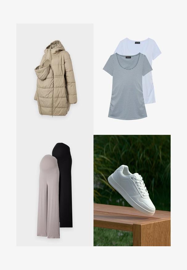 Abrigo acolchado beige con capucha, que cuenta con un bolsillo frontal para un niño pequeño. El diseño incluye paneles acolchados verticales y cierre de cremallera.; Dos camisetas: una de un azul claro sólido y la otra gris con rayas horizontales. Ambas cuentan con un escote en forma de barco y mangas cortas.; Un par de pantalones de maternidad en una tela suave y elástica. Uno gris y otro negro, con piernas anchas y cintura elástica para mayor comodidad.; Zapatilla blanca con un upper sintético suave, caja de dedos perforada, cordones planos y una suela texturizada, exhibida sobre una superficie de madera.