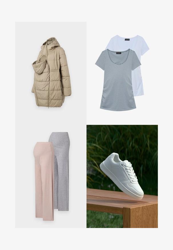 Béžový prešívaný kabát s kapucňou, so predným vreckom pre dojča. Dizajn obsahuje vertikálne prešívané panely a zapínanie na zips.; Dve tričká: jedno jednofarebné svetlo modré, druhé šedé s horizontálnymi pruhmi. Obe majú okrúhly výstrih a krátke rukávy.; Dva páry nohavíc s širokými nohavicami, jeden svetloružový a jeden svetlosivý, vyrobené z mäkkej rebrovanej pleteniny, s vysokým pásom.; Biele tenisky s hladkým syntetickým zvrškom, perforovanou špičkou, plochými šnúrkami a textúrovanou podrážkou, vystavené na drevenej ploche.
