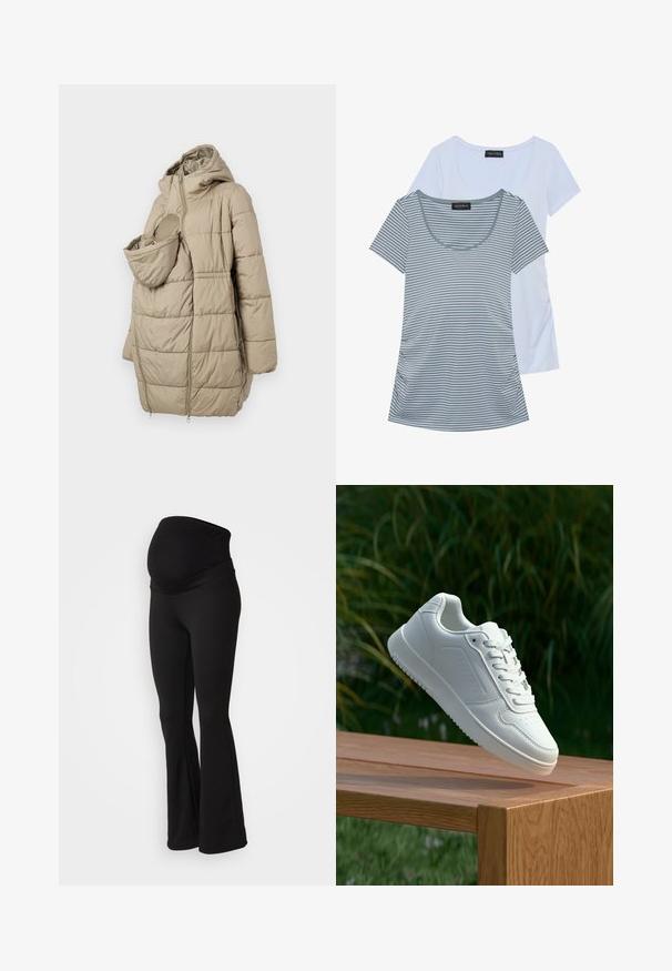 Manteau matelassé beige avec capuche, doté d'une poche avant pour un nourrisson. Le design comprend des panneaux matelassés verticaux et une fermeture éclair.; Deux t-shirts : l'un est d'un bleu clair uni, l'autre est gris avec des rayures horizontales. Les deux ont un décolleté en forme de scoop et des manches courtes.; Leggings de maternité noirs avec une large ceinture extensible, un design évasé et une texture de tissu douce, adaptées pour le confort et le soutien.; Sneakers blanches avec une tige synthétique lisse, un avant perforé, des lacets plats et une semelle texturée, présentées sur une surface en bois.