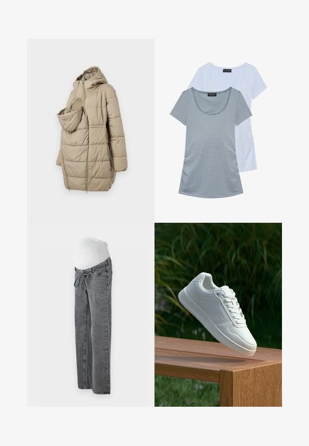 Béžový prešívaný kabát s kapucňou, so predným vreckom pre dojča. Dizajn obsahuje vertikálne prešívané panely a zapínanie na zips.; Dve tričká: jedno jednofarebné svetlo modré, druhé šedé s horizontálnymi pruhmi. Obe majú okrúhly výstrih a krátke rukávy.; Vero Moda Maternity VMMTESSA WIDE BELT - Džínsy voľného strihu - medium grey denim; Biele tenisky s hladkým syntetickým zvrškom, perforovanou špičkou, plochými šnúrkami a textúrovanou podrážkou, vystavené na drevenej ploche.