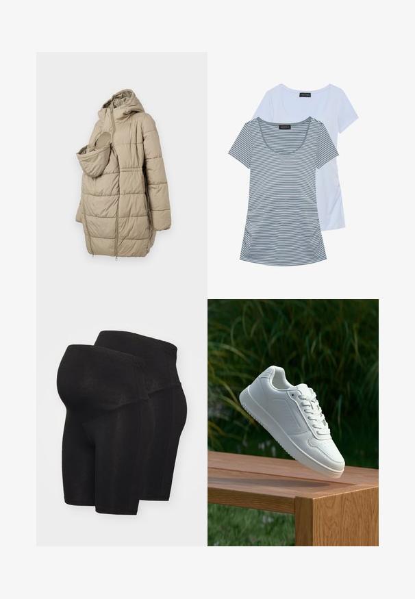 Bežna puhasta jakna s kapuco, ki ima sprednji žep za dojenčke. Oblikovanje vključuje navpične prešite panele in zadrgo.; Dve majice: ena enobarvna svetlo modra, druga siva z vodoravnimi črtami. Obe imata okroglo izreznico in kratke rokave.; Črne nosečniške kratke hlače, izdelane iz elastičnega materiala, z elastičnim pasom in gladko teksturo, zasnovane za udobje in podporo.; Bela teniska s gladkim sintetičnim zgornjim delom, perforiranim prednjim delom, ravnimi vezalkami in teksturiranim podplatom, prikazana na leseni površini.