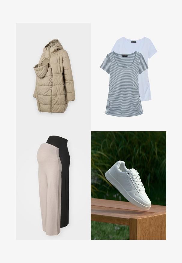 Bēšas pildītas virsjakas ar kapuci, kurai ir priekšējais kabata zīdainim. Dizainā iekļauti vertikālie quiltēti paneļi un vizuļa aizdare.; Divas divām t-krekliem: viens viendabīgi gaiši zils, otrs pelēks ar horizontālām svītrām. Abiem ir apaļa kakla izgriezums un īsas piedurknes.; Grūtnieču bikses bēšā un melnā krāsā. Izgatavotas no mīksta auduma, ar elastīgu jostu komfortam, ar brīvu griezumu un bez redzamām rakstu. ; Baltie sporta apavi ar gludu sintētisku augšpusi, perforētu pirkstu daļu, plakani šņorēm un rakstainu zoli, novietoti uz koka virsmas.