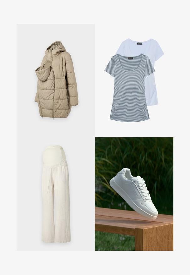 Cappotto imbottito beige con cappuccio, dotato di tasca frontale per un neonato. Il design include pannelli trapuntati verticali e chiusura con zip.; Due magliette: una di un blu chiaro uniforme, l'altra grigia con righe orizzontali. Entrambe presentano un colletto a girocollo e maniche corte.; Pantaloni maternità color beige chiaro con una vestibilità morbida, cintura elastica e un pannello di supporto per la pancia morbido e elasticizzato. Realizzati in un materiale leggero e traspirante.; Sneaker bianco con tomaia in sintetico liscio, punta perforata, lacci piatti e suola testurizzata, esposto su una superficie di legno.