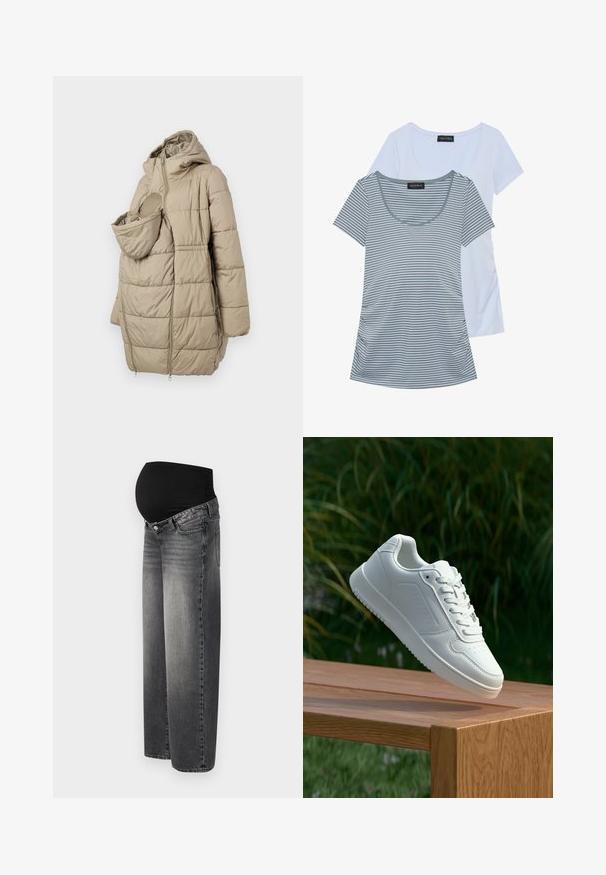 Bēšas pildītas virsjakas ar kapuci, kurai ir priekšējais kabata zīdainim. Dizainā iekļauti vertikālie quiltēti paneļi un vizuļa aizdare.; Divas divām t-krekliem: viens viendabīgi gaiši zils, otrs pelēks ar horizontālām svītrām. Abiem ir apaļa kakla izgriezums un īsas piedurknes.; Māsu džinsi izbalinātā melnā denima, ar elastīgu melnu jostasvietu atbalstam. Platas kājas dizains ar standarta priekšējiem kabatām.; Baltie sporta apavi ar gludu sintētisku augšpusi, perforētu pirkstu daļu, plakani šņorēm un rakstainu zoli, novietoti uz koka virsmas.