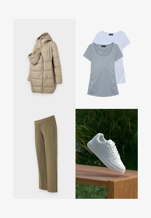 Bēšas pildītas virsjakas ar kapuci, kurai ir priekšējais kabata zīdainim. Dizainā iekļauti vertikālie quiltēti paneļi un vizuļa aizdare.; Divas divām t-krekliem: viens viendabīgi gaiši zils, otrs pelēks ar horizontālām svītrām. Abiem ir apaļa kakla izgriezums un īsas piedurknes.; Olīvzaļas, plašas bikses, izgatavotas no mīksta auduma, ar gludu jostasvietu un minimālām šuvēm, lai iegūtu elegantu izskatu.; Baltie sporta apavi ar gludu sintētisku augšpusi, perforētu pirkstu daļu, plakani šņorēm un rakstainu zoli, novietoti uz koka virsmas.