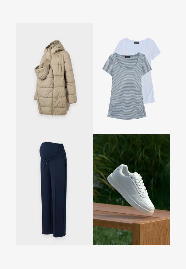 Manteau matelassé beige avec capuche, doté d'une poche avant pour un nourrisson. Le design comprend des panneaux matelassés verticaux et une fermeture éclair.; Deux t-shirts : l'un est d'un bleu clair uni, l'autre est gris avec des rayures horizontales. Les deux ont un décolleté en forme de scoop et des manches courtes.; Pantalons de maternité navy en tissu doux, dotés d'une taille élastique et d'un cordon de serrage réglable, avec deux poches latérales pour plus de commodité.; Sneakers blanches avec une tige synthétique lisse, un avant perforé, des lacets plats et une semelle texturée, présentées sur une surface en bois.