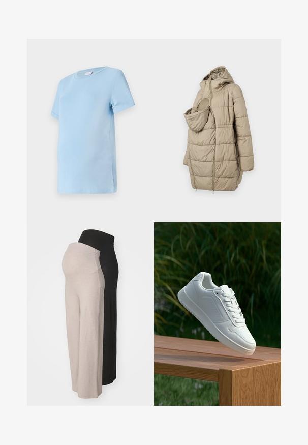 Béžový prešívaný kabát s kapucňou, so predným vreckom pre dojča. Dizajn obsahuje vertikálne prešívané panely a zapínanie na zips.; Svetlomodré tehotenské tričko vyrobené z mäkké bavlny, s krátkymi rukávmi, okrúhlym výstrihom a voľným strihom pre pohodlie.; Tehotenské nohavice v béžovej a čiernej farbe. Vyrobené z mäkkej tkaniny, s elastickým pásom pre pohodlie, vo voľnom strihu a bez viditeľných vzorov.; Biele tenisky s hladkým syntetickým zvrškom, perforovanou špičkou, plochými šnúrkami a textúrovanou podrážkou, vystavené na drevenej ploche.