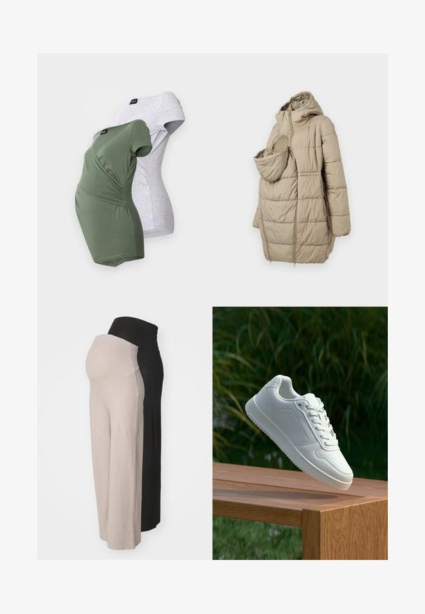 Bežinė paminkštinta striukė su gobtuvu, turinti priekinį kišenę kūdikiui. Dizainas apima vertikalias siūles ir užtrauktuką.; Motinystės marškiniai olivų žaliame ir šviesiai pilkame atspalvyje. Abu turi trumpas rankoves, apvyniojimo dizainą ir raukšlėtą detalę šoninėse dalyse.; Mamytės kelnės smėlio ir juodos spalvos. Pagamintos iš minkštos medžiagos, su tampriomis juosmens juostomis patogumui, laisvo kirpimo dizainas ir be matomų raštų.; Balti sneakeriai su lygia sintetine viršutine dalimi, perforuota pirštų zona, plokščiomis raištelėmis ir tekstūruotu padu, padėti ant medinės paviršiaus.