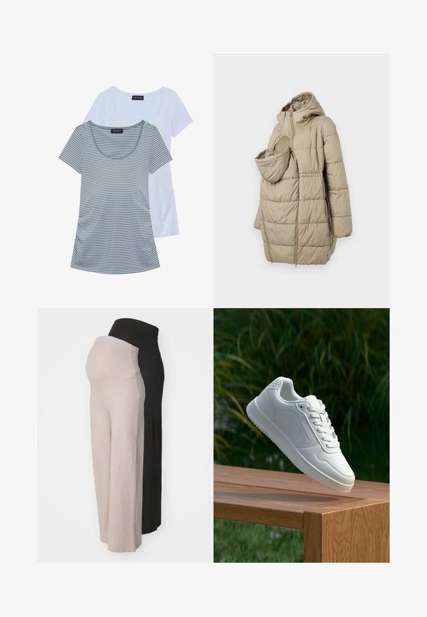 Bēšas pildītas virsjakas ar kapuci, kurai ir priekšējais kabata zīdainim. Dizainā iekļauti vertikālie quiltēti paneļi un vizuļa aizdare.; Divas divām t-krekliem: viens viendabīgi gaiši zils, otrs pelēks ar horizontālām svītrām. Abiem ir apaļa kakla izgriezums un īsas piedurknes.; Grūtnieču bikses bēšā un melnā krāsā. Izgatavotas no mīksta auduma, ar elastīgu jostu komfortam, ar brīvu griezumu un bez redzamām rakstu. ; Baltie sporta apavi ar gludu sintētisku augšpusi, perforētu pirkstu daļu, plakani šņorēm un rakstainu zoli, novietoti uz koka virsmas.