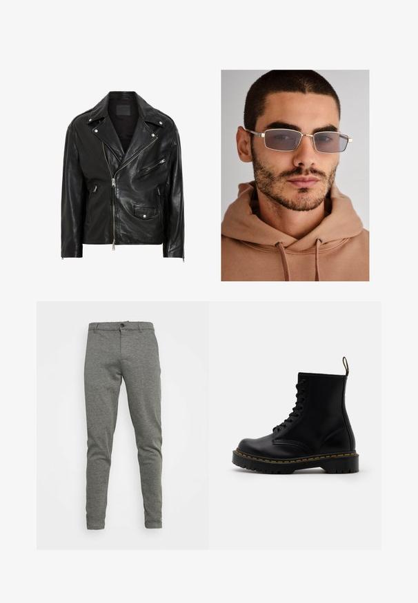 Black leather motorcycle jacket with silver zippers, snap buttons, and multiple pockets. Features a wide collar and a fitted cut.; Long-sleeve button-up shirt in dark gray textured fabric, featuring a standard collar and black buttons down the front.; Gray cotton blend trousers with a slim fit, button closure, and subtle texture. Smooth fabric without visible patterns or accents.; Black leather ankle boots with a lace-up front, yellow stitching, a rounded toe, and a thick, textured rubber sole.; Gray rectangular sunglasses with thin metal frames, large lenses, and a subtle brown tint. Worn with a beige hoodie. Neutral background.