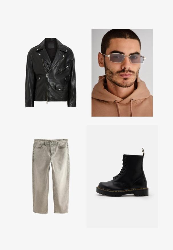 Black leather motorcycle jacket with silver zippers, snap buttons, and multiple pockets. Features a wide collar and a fitted cut.; Long-sleeve button-up shirt in dark gray textured fabric, featuring a standard collar and black buttons down the front.; Light gray denim jeans with a straight-leg design, five pockets, and stitched accents. Features a standard waistband and zipper fly.; Black leather ankle boots with a lace-up front, yellow stitching, a rounded toe, and a thick, textured rubber sole.; Gray rectangular sunglasses with thin metal frames, large lenses, and a subtle brown tint. Worn with a beige hoodie. Neutral background.