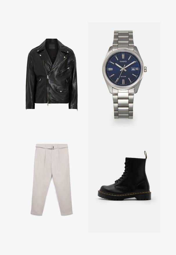 Veste de moto en cuir noir avec des zips argentés, des boutons-pression et plusieurs poches. Elle présente un large col et une coupe ajustée.; Chemise à manches longues en tissu texturé gris foncé, dotée d'un col classique et de boutons noirs sur le devant.; Pantalon beige clair avec une ceinture assortie, présentant une coupe décontractée, deux plis à l'avant et des chevilles cintrées. Fabriqué en tissu lisse.; Bottines en cuir noir avec un laçage à l'avant, des coutures jaunes, un bout rond et une semelle en caoutchouc épaisse et texturée.; Montre-bracelet en acier inoxydable argenté avec un cadran bleu marine, des index métalliques et un affichage de la date à 3 heures. Résistante à l'eau jusqu'à 50 mètres.