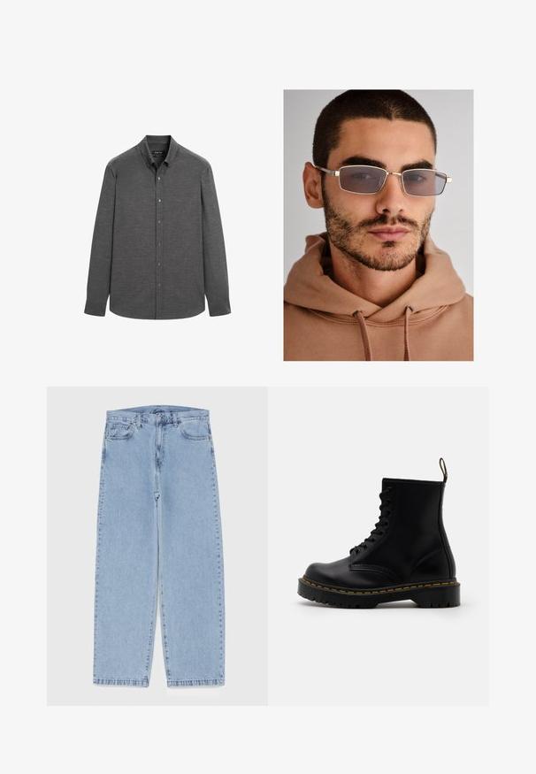 Black leather motorcycle jacket with silver zippers, snap buttons, and multiple pockets. Features a wide collar and a fitted cut.; Gray long-sleeve shirt made from a textured fabric, featuring a button-down collar and front buttons, with a curved hemline.; Light blue denim jeans with straight leg design, featuring a mid-rise waist, five pockets, and a button and zipper closure.; Black leather ankle boots with a lace-up front, yellow stitching, a rounded toe, and a thick, textured rubber sole.; Gray rectangular sunglasses with thin metal frames, large lenses, and a subtle brown tint. Worn with a beige hoodie. Neutral background.; Silver stainless steel wristwatch with a navy blue dial, metallic hour markers, and a date window at 3 o'clock. Water-resistant to 50 meters.