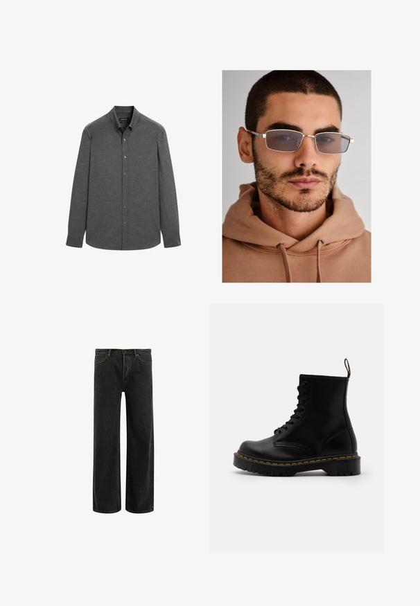 Black leather motorcycle jacket with silver zippers, snap buttons, and multiple pockets. Features a wide collar and a fitted cut.; Gray long-sleeve shirt made from a textured fabric, featuring a button-down collar and front buttons, with a curved hemline.; Black denim wide-leg jeans with a high waist, featuring classic five-pocket design, and subtle fading for a textured appearance.; Black leather ankle boots with a lace-up front, yellow stitching, a rounded toe, and a thick, textured rubber sole.; Gray rectangular sunglasses with thin metal frames, large lenses, and a subtle brown tint. Worn with a beige hoodie. Neutral background.
