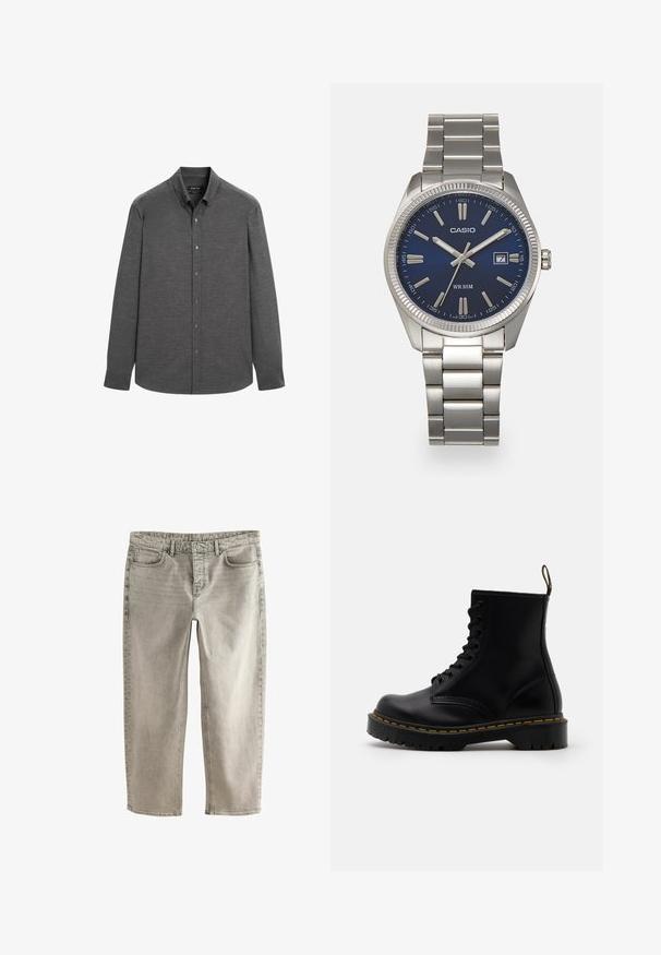 Schwarze Leder-Motorradjacke mit silbernen Reißverschlüssen, Druckknöpfen und mehreren Taschen. Verfügt über einen breiten Kragen und eine taillierte Passform.; Graues langärmeliges Hemd aus einem strukturierten Stoff, mit einem Button-Down-Kragen und Knöpfen auf der Vorderseite, sowie einem abgerundeten Saum.; Hellgraue Denim-Jeans im Straight-Leg-Design, mit fünf Taschen und gesteppten Akzenten. Mit einem Standardbund und einem Reißverschluss.; Schwarze Leder-Ankle-Boots mit schnürbarem Vorderteil, gelben Nähten, runder Zehenpartie und dicker, strukturierter Gummisohle.; Silberner Armbanduhr aus Edelstahl mit einem dunkelblauen Zifferblatt, metallischen Stundenmarkierungen und einem Datumsfenster bei 3 Uhr. Wasserdicht bis 50 Meter.