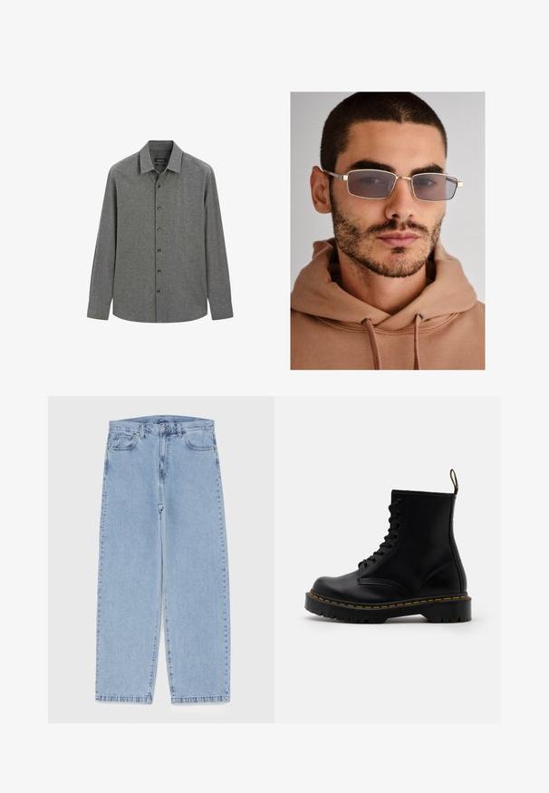 Black leather motorcycle jacket with silver zippers, snap buttons, and multiple pockets. Features a wide collar and a fitted cut.; Long-sleeve button-up shirt in dark gray textured fabric, featuring a standard collar and black buttons down the front.; Light blue denim jeans with straight leg design, featuring a mid-rise waist, five pockets, and a button and zipper closure.; Black leather ankle boots with a lace-up front, yellow stitching, a rounded toe, and a thick, textured rubber sole.; Gray rectangular sunglasses with thin metal frames, large lenses, and a subtle brown tint. Worn with a beige hoodie. Neutral background.; Silver stainless steel wristwatch with a navy blue dial, metallic hour markers, and a date window at 3 o'clock. Water-resistant to 50 meters.