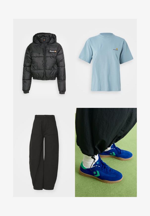 Mustat lyhyet untuvatakit huppuineen, jossa on vetoketjusuljenta ja kiristysnauha, tikkikuvio ja pieni logo vasemmassa rinnassa.; Vaaleansininen lyhythihainen puuvillapaita, jossa on pyöreä kaula-aukko ja pieni keltainen ja punainen Carhartt-logo vasemmalla rinnalla.; Mustat, leveät housut puuvillasta, joissa on korkea vyötärö, edessä nappikiinnitys ja sivutaskut käytännöllisyyden vuoksi.; Converse RUN STAR TRAINER - Matalavartiset tennarit - blue/apex green/egret