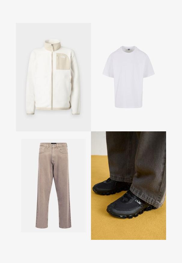 Fehér bolyhos dzseki bézs cipzáras zsebből, magas gallérral és diszkrét logóval a mellkason. Simább textúra, modern fazon.; Fehér pamut póló, kerek nyakkivágással, rövid ujjakkal és egyenes aljjal. Az anyag sima felületű, klasszikus, laza szabású.; Vaj színű egyenes szabású farmernadrág, klasszikus öt zsebes dizájnnal, varrott részletekkel és letisztult szegéllyel.; Fekete sportcipők hálós felsőrésszel, ívelt talppal és jellegzetes, lekerekített díszítésekkel. Sötét, laza nadrággal párosítva.