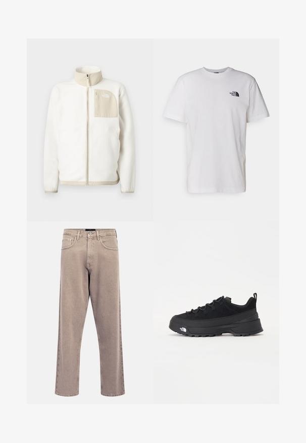 White fleece jacket featuring a beige zippered pocket, high collar, and a subtle logo on the chest. Smooth texture with a modern cut.; White cotton T-shirt featuring a crew neckline, short sleeves, and a small black logo printed on the left chest area.; Light beige straight-leg jeans with a slightly faded texture, five-pocket design, and metal button closure. Prominent stitching details.; Black outdoor sneaker with a suede upper, textured rubber sole, and sturdy lacing system. Features a reinforced heel and brand logo on the side.