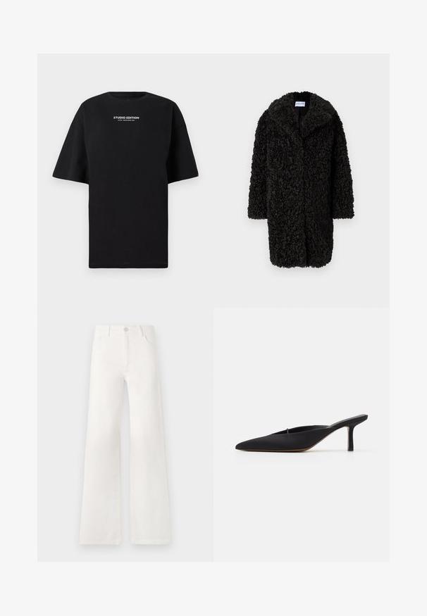 Palton lung din blană sintetică texturată, negru, cu bucle, cu revere largi și mâneci lungi, suspendat pe un fundal alb simplu.; Tricou oversize negru din bumbac, cu decolteu rotund și mâneci scurte, având inscripția "STUDIO EDITION" imprimată în alb.; Jeans albe, cu talie înaltă și croială largă, realizate din denim. Dispun de închidere cu buton, două buzunare frontale și cusături detaliate pe laterale.; Mule negre cu vârful ascuțit, cu un design elegant, realizat dintr-un material moale, având un toc subțire și spate deschis pentru o purtare ușoară.