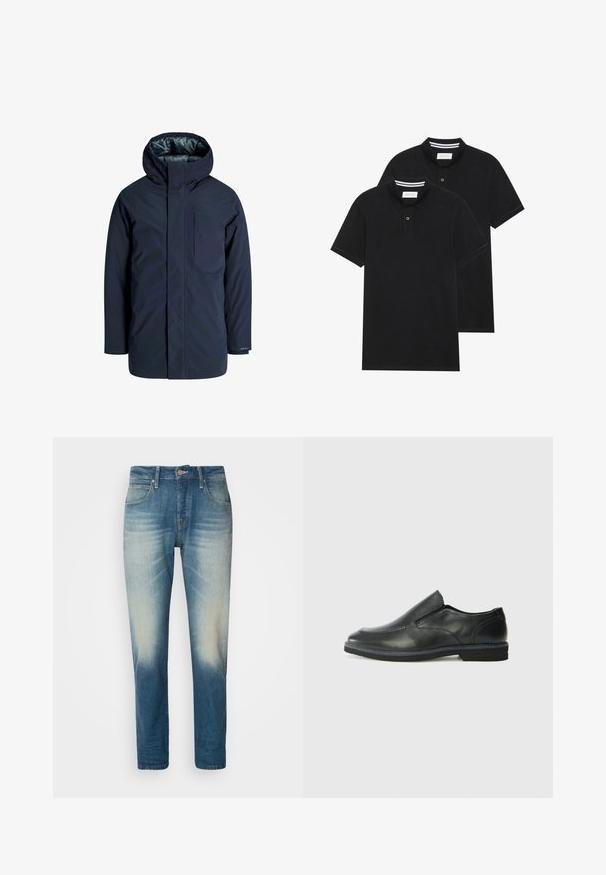 Mornarska vodoodporna jakna z visokim ovratnikom, nastavljivo kapuco in žepom na prsih. Gladka zunanja tekstura in podložena notranjost za izolacijo.; Dve črne polo majice, kratke rokave, iz bombažnega materiala, z klasik ovratnikom, dvobodno zaponko in belimi črtkami znotraj ovratnika.; Svijetloplave traperice s izblijedjelim završetkom, pet džepova, kopčanje na dugme, ravni kroj i kontrastni šavovi.; Črne usnjene natikače z gladkim zgornjim delom, prišitimi detajli, zaobljenim nosom in nizkim gumijastim petkom. Podplat ima minimalen profil.
