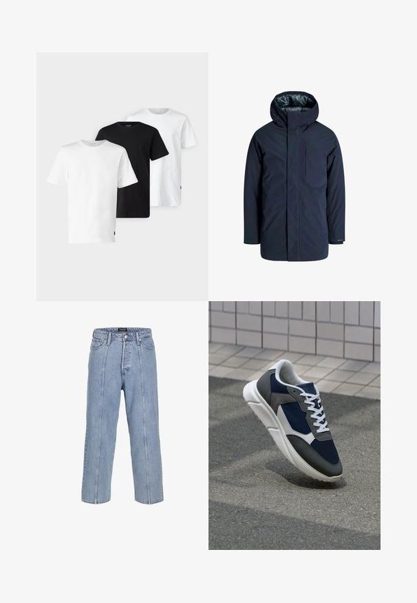 Marineblauer wasserdichter Jacke mit hohem Kragen, verstellbarer Kapuze und Brusttasche. Glatte Außenstruktur und gefüttertes Innenfutter für Isolierung.; Drei T-Shirts in Weiß, Schwarz und Weiß, mit kurzen Ärmeln, einem Rundhalsausschnitt und aus weichem, atmungsaktivem Baumwollstoff gefertigt.; Hellblaue Denim-Jeans mit lockerer Passform, weitem Bein und sichtbaren Stickdetails. Mit Knopf- und Reißverschluss, fünf Taschen.; Sneaker mit einem Obermaterial aus navyblauem Mesh, grauen Wildlederelementen, einer weißen Gummisohle und flachen weißen Schnürsenkeln, entworfen für Komfort und Atmungsaktivität.