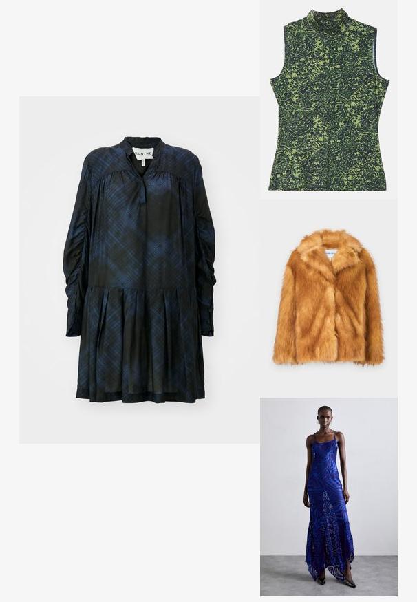 Īss brūns mākslīgās kažokādas mētelis ar plašu apkakli, atvērtu priekšu un mīkstu, teksturētu virsmu, ar regulāru piegriezumu un bez redzamām aizdaru iespējām.; Melna un zila svītrainā kleita ar augstu apkakli, garām savelkām piedurknēm, plecu svārkiem un pogu aizdari pie aproces. Gluda auduma tekstūra.; Zaļa un tumši zilā raksta bezpieces tērps ar augstu apkakli, ar teksturētu, organisku dizainu. Mīksta auduma, brīva piegriezuma.; Zila un violeta dzīvnieku raksta maxi kleita ar plāniem plecu siksnām, pieguļošu augumu, izplestu apakšdaļu un caurspīdīgu dekoratīvo kārtu.