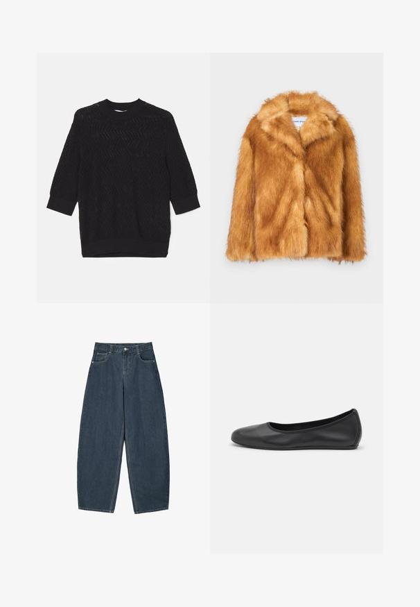 Rövid barna műszőrme kabát széles gallérral, nyitott elülső résszel és puha, texturált felülettel, normál fazonnal és látható záródás nélkül.; Fekete kötött pulóver, melynek texturált zig-zag mintája van, kerek nyakkivágása van, és háromnegyedes ujjai bordás mandzsettával rendelkeznek.; Ujjatlan, garbónyakú felső zöld és sötétkék mintával, texturált, organikus dizájnnal. Puha anyagból készült, laza szabással.; Sötétkék farmer széles szárú nadrág magas derékkal, öt zsebbel és látható varrási részletekkel. Tiszta, letisztult dizájn.; Fekete bőr balettcipő lekerekített orral, sima tekstúrával, minimális varrással és rugalmas talp kialakítással.