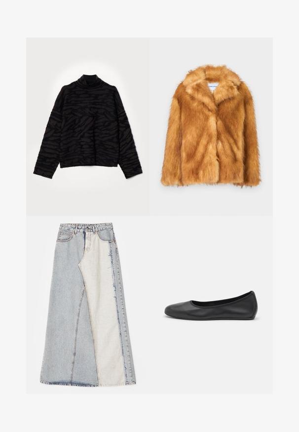 Kort brun kunstpelsjakke med bred krave, åben front og en blød, struktureret overflade med en regulær pasform og uden synlige lukninger.; Sort rullekravepullover med en struktureret, pelslignende mønster i mørke nuancer, med dropped shoulders og en afslappet pasform.; Denim nederdel med patchwork design bestående af lyse og mellemblå sektioner, frayed kanter og høj talje. Klassisk fem-lomme stil.; Sort læderballetsko med rund tå, glat tekstur, minimal syning og et fleksibelt såldesign.