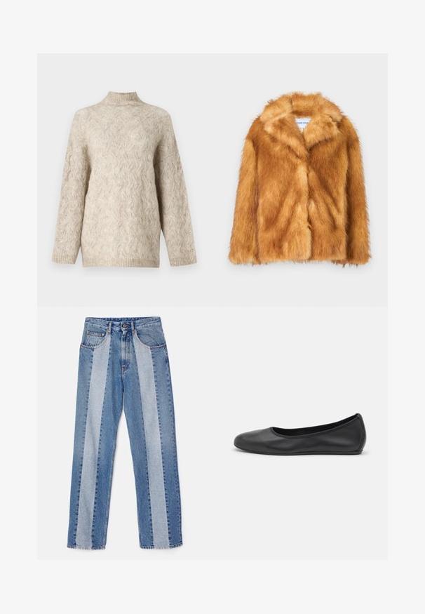 Kurzer brauner Kunstfellmantel mit breitem Kragen, offenem Vorderteil und einer weichen, strukturierten Oberfläche, in regulärer Passform und ohne sichtbare Verschlüsse.; Beige gestrickter Pullover mit hohem Kragen, der ein strukturiertes Zopfmuster und weit geschnittene Ärmel aufweist. Hergestellt aus weicher, flauschiger Wolle.; Ärmelloses Rollkragenoberteil in grün und dunkelblauem Muster, mit einem strukturierten, organischen Design. Weicher Stoff mit einem lockeren Schnitt.; MM6 Maison Margiela POCKET TROUSERS - Jeans Relaxed Fit - blue denim; Schwarze Leder-Ballettschuhe mit abgerundeter Spitze, glatter Textur, minimalen Nähdetails und einem flexiblen Sohlen-Design.