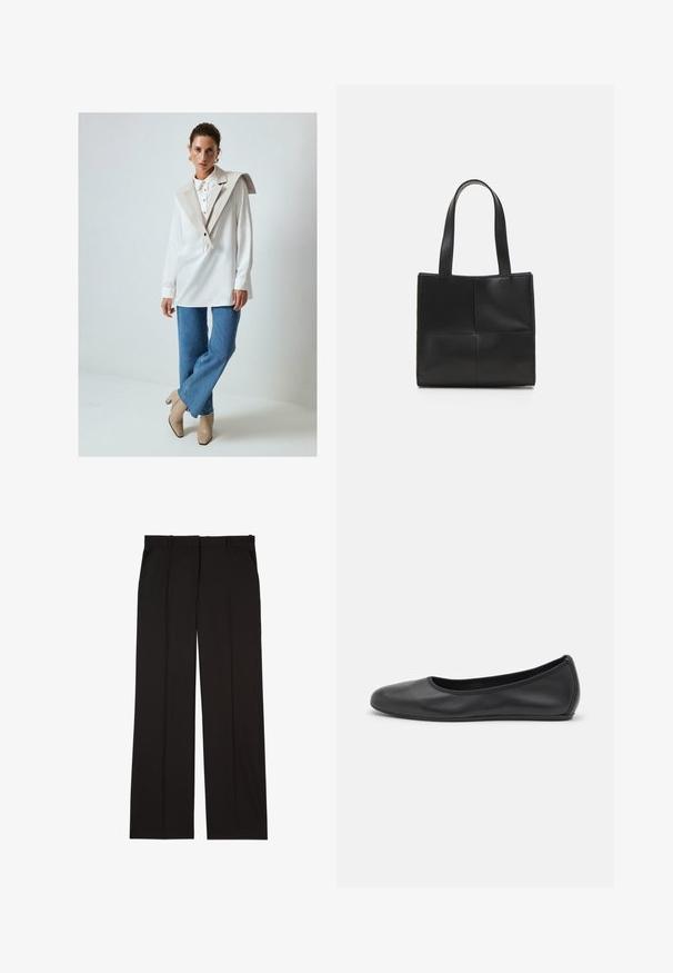 Kort brun faux fur-kappa med bred krage, öppen front och en mjuk, strukturerad yta med vanlig passform och utan synliga knäppningar.; Vit långärmad skjorta med en stor beige krage och knappdetaljer, tillsammans med ljusblå utsvängda jeans och beige klackstövlar.; Svarta skräddarsydda byxor i ett slätt tyg, med rak benmodell och två sidofickor. Elegant och minimalistisk konstruktion.; Svart läderballerinaskor med rund tå, slät yta, minimala söm detaljer och en flexibel sula.; Svart läder tote-väska med två handtag, rektangulär form, slät yta och sydd paneldesign. Inga beslag eller ytterligare detaljer.