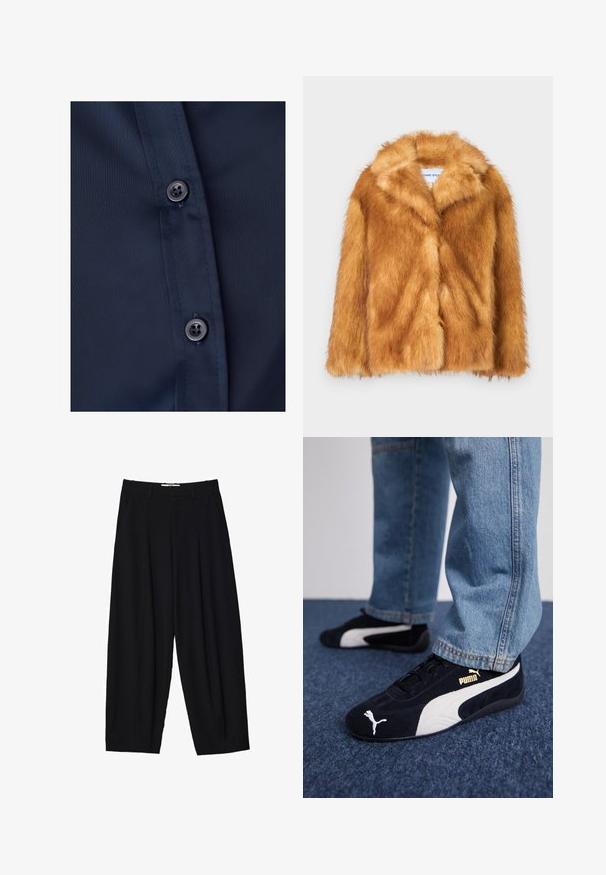 Krátký hnědý kožich z umělé kožešiny s širokým límcem, otevřeným předním dílem a měkkým, texturovaným povrchem s běžným střihem a bez viditelných zapínání.; Tkanina námořnické modré košile s hladkým povrchem, která má po dvou tmavých knoflících podél légy a představuje klasický design s knoflíky.; Černé široké kalhoty vyrobené z lehké tkaniny, s předními sklady, klasickým pasem a bočními kapsami. Hladký povrch.; Černé semišové tenisky s bílými akcenty a zlatým logem. Nosené s světle modrými jeany a položené na strukturovaném modrém povrchu.